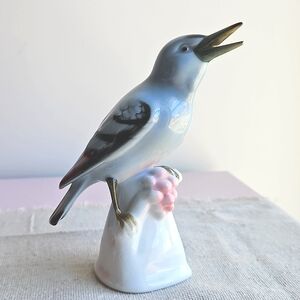 Gerold Porzellan Bavaria Blue & Black Bird w/ Pink Berries Figurine West Germany